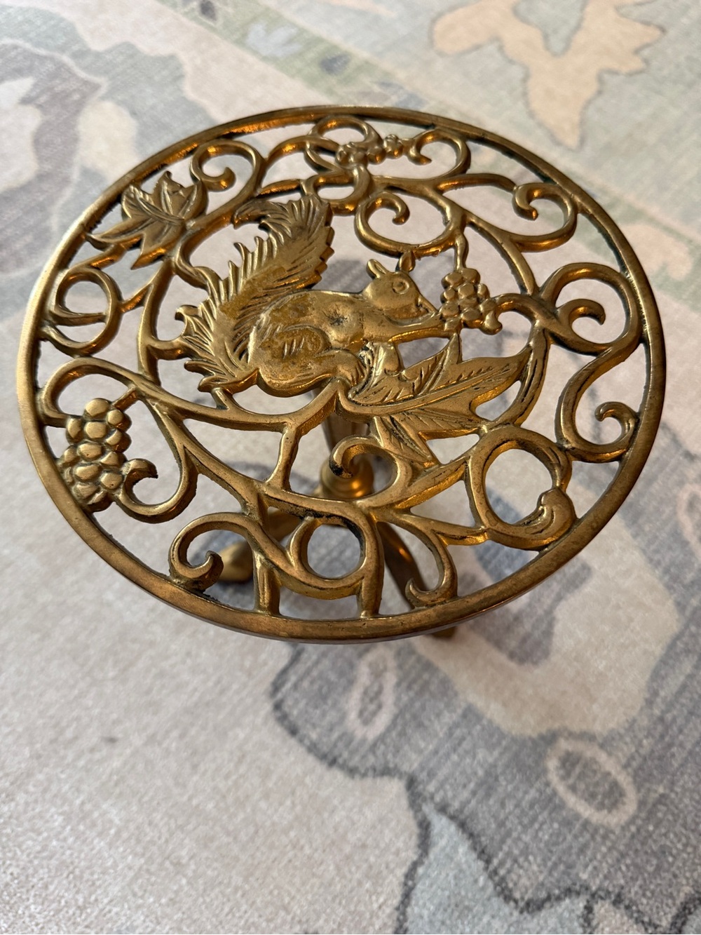 Ornate Brass Trivet with Squirrel Motif - Gold Tone